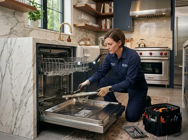 Appliance Repair Hero technician servicing a built-in dishwasher in a Brookdale, CA kitchen