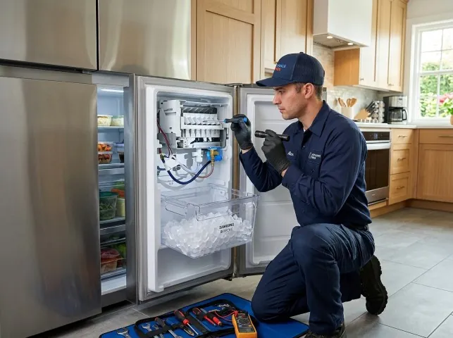 Appliance Repair Hero technician repairing a refrigerator ice maker in Brookdale, CA