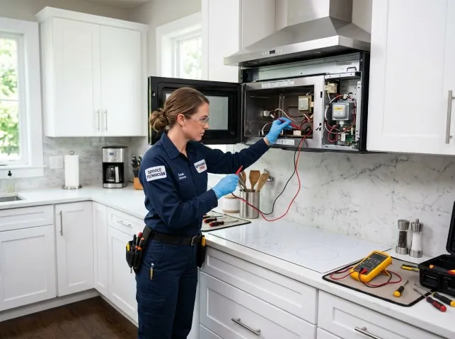 Appliance Repair Hero technician testing an over-the-range microwave in a Brookdale, CA kitchen