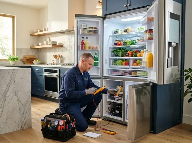 Appliance Repair Hero refrigerator technician testing a fridge on a Brookdale, CA service call